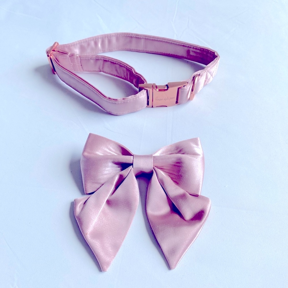 Satin Dog Collar with Attachable bow and rose gold hardware.  Sz. M, new in pkg.